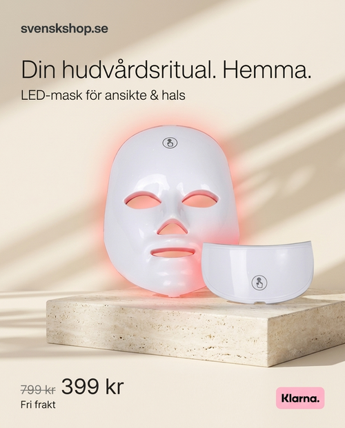 LED-mask och halsdel på stenpiedestal – din hudvårdsritual hemma